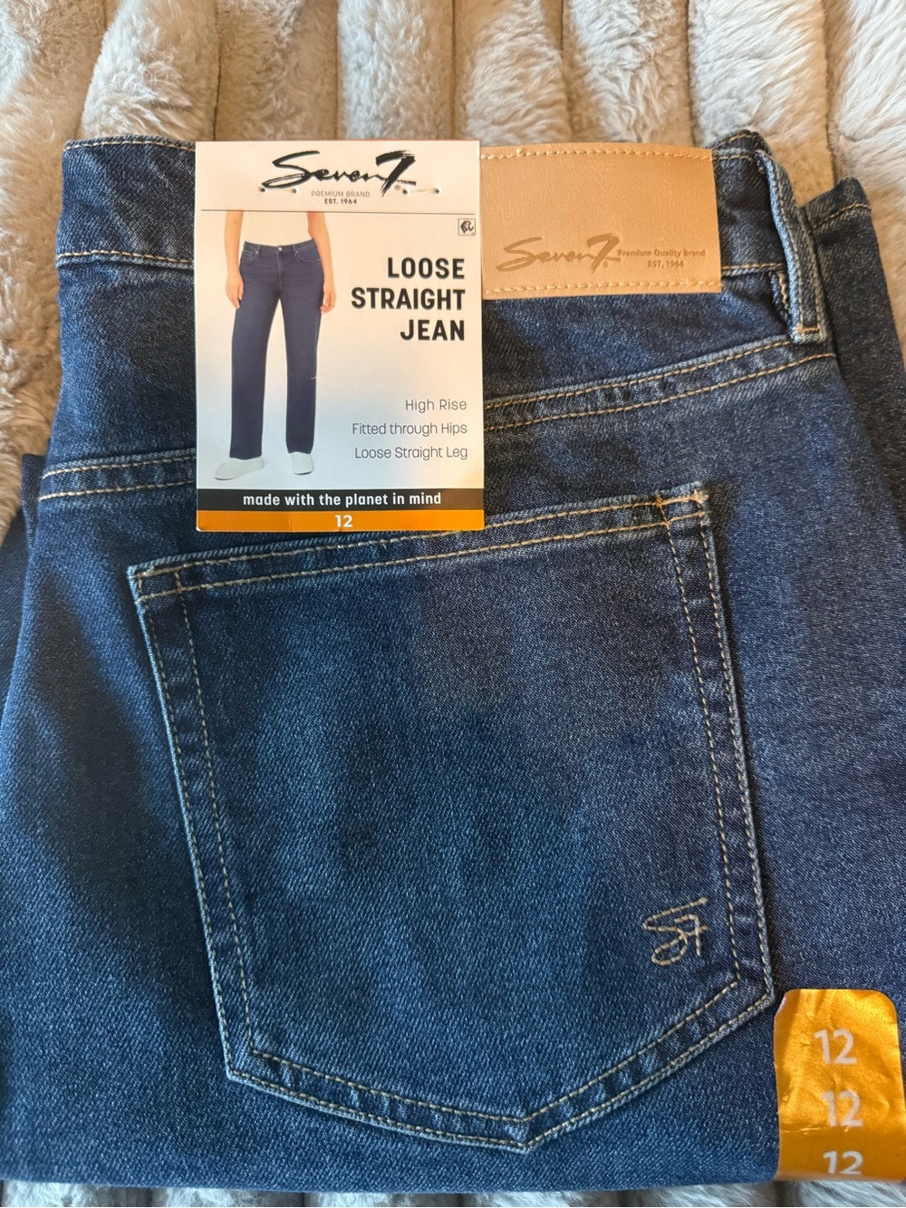Seven7 Women’s Loose Straight Jeans - Dark Blue Denim with Tan Patch